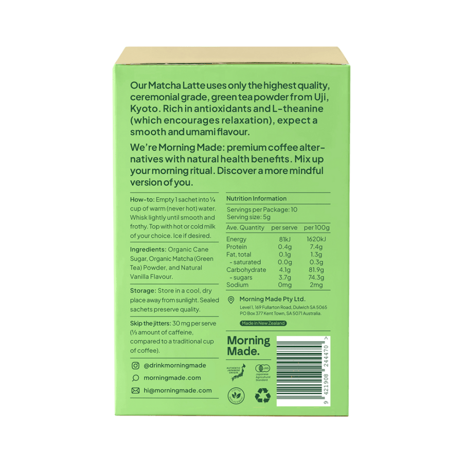 Green box of Morning Made matcha latte with text and nutrition information on a green background