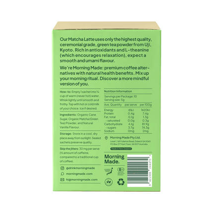 Green box of Morning Made matcha latte with text and nutrition information on a green background