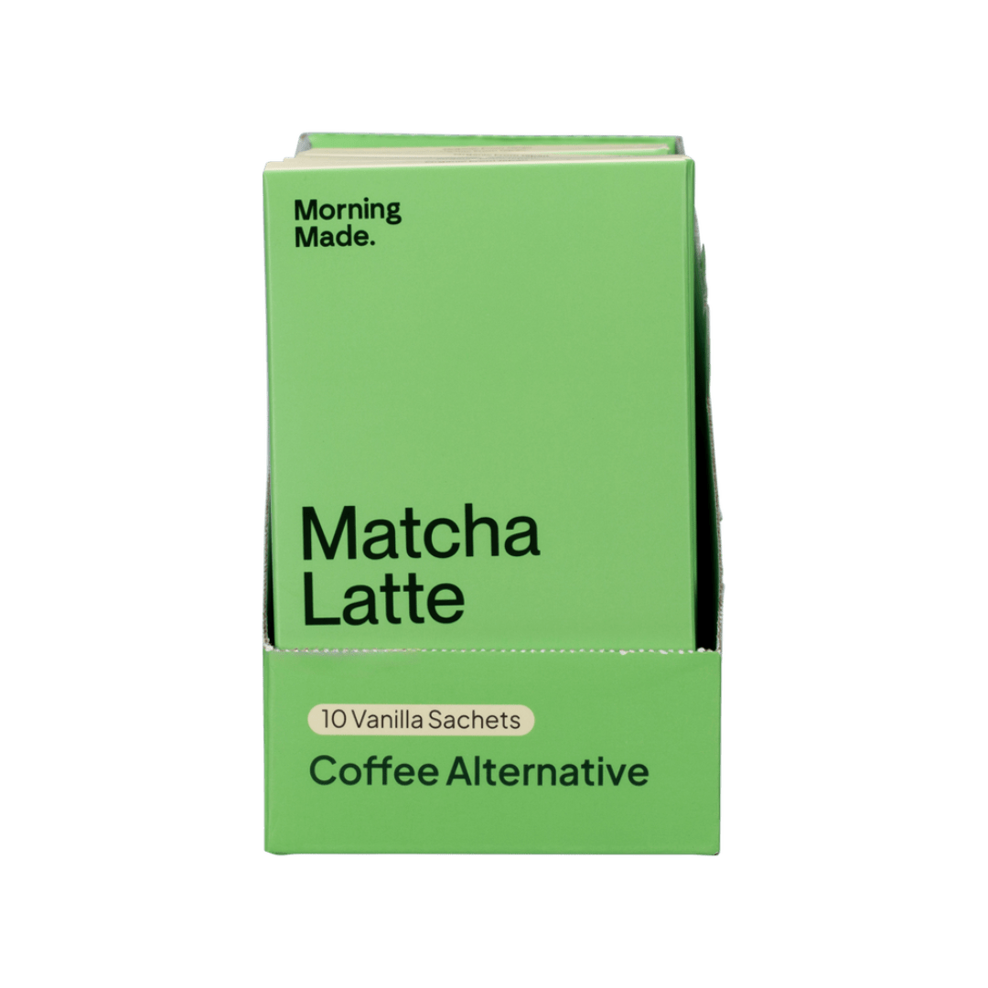 Green box of 'Matcha Latte' coffee alternative with 'Morning Made' branding on a green background.