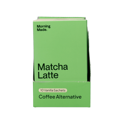 Green box of 'Matcha Latte' coffee alternative with 'Morning Made' branding on a green background.