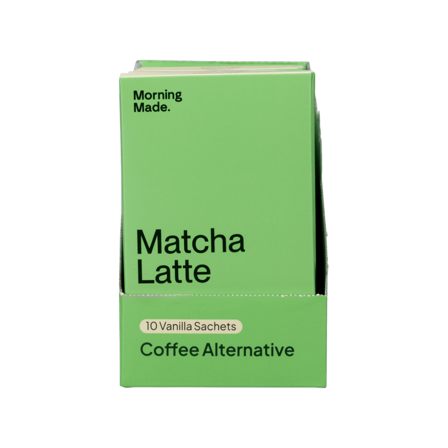 Green box of 'Matcha Latte' coffee alternative with 'Morning Made' branding on a green background.