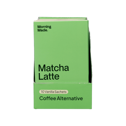 Green box of 'Matcha Latte' coffee alternative with 'Morning Made' branding on a green background.