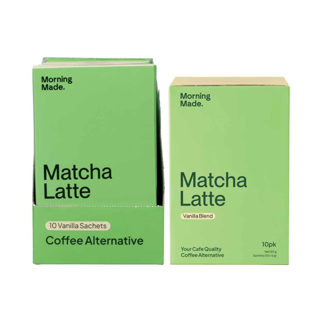 Two green boxes of 'Morning Made' Matcha Latte coffee alternative on a green background