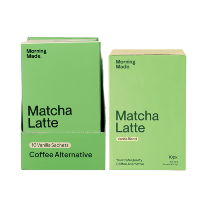 Two green boxes of 'Morning Made' Matcha Latte coffee alternative on a green background