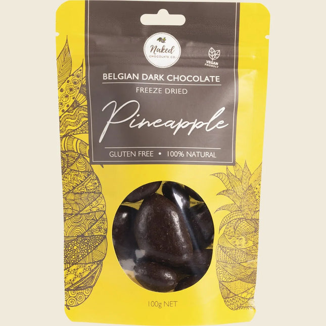 Naked Chocolate Co freeze dried pineapple coated in Belgian dark chocolate, 100g resealable pouch