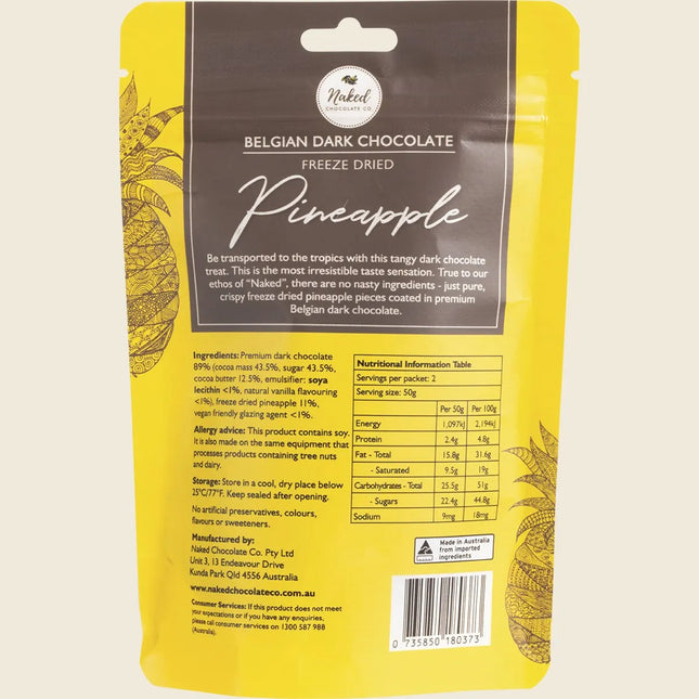 Back of Naked Chocolate Co Freeze Dried Pineapple pouch showing ingredients and nutrition information
