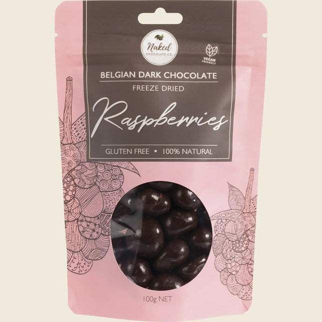 Naked Chocolate Co freeze dried raspberries coated in Belgian dark chocolate, 100g resealable pouch