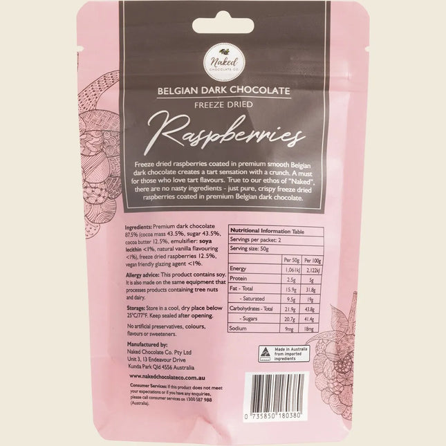 Back of Naked Chocolate Co Freeze Dried Raspberries pouch showing ingredients and nutrition information