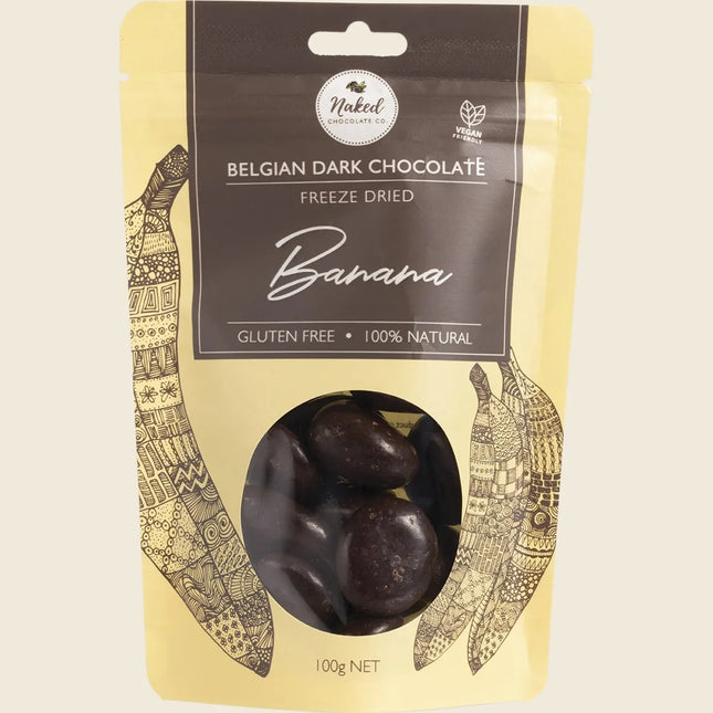 Naked Chocolate Co freeze dried banana coated in Belgian dark chocolate, 100g resealable pouch