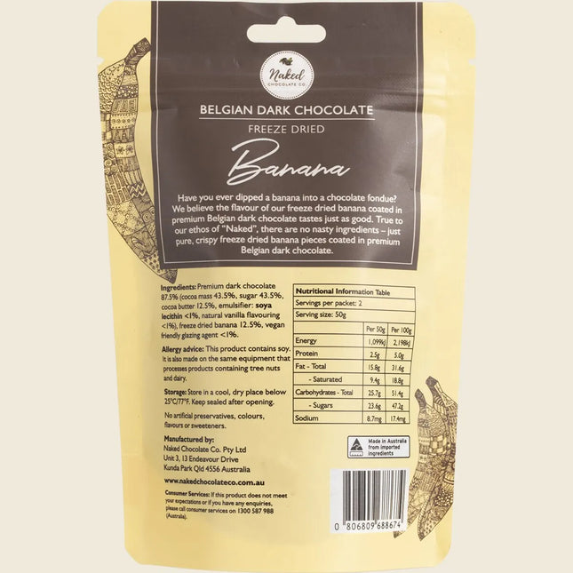 Back of Naked Chocolate Co Freeze Dried Banana pouch showing ingredients and nutrition information