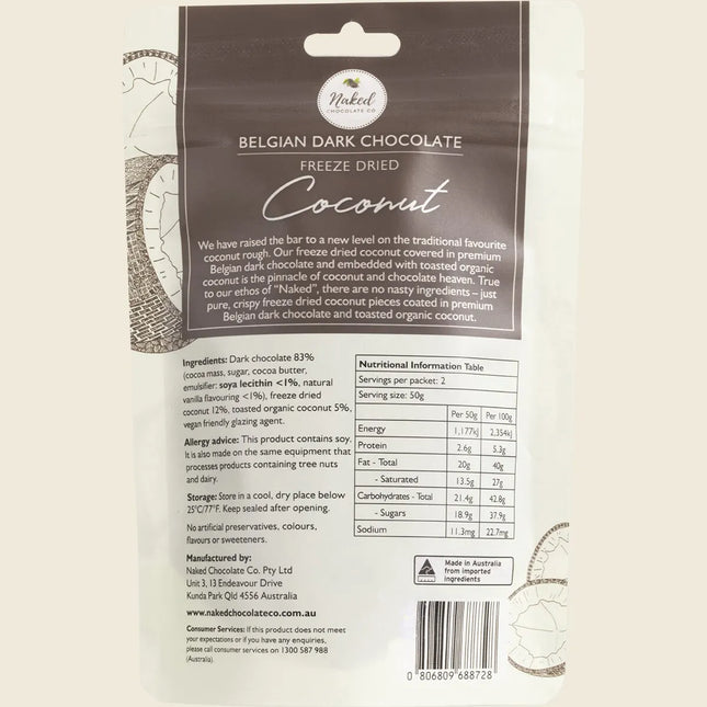 Back of Naked Chocolate Co Freeze Dried Coconut pouch showing ingredients and nutrition information