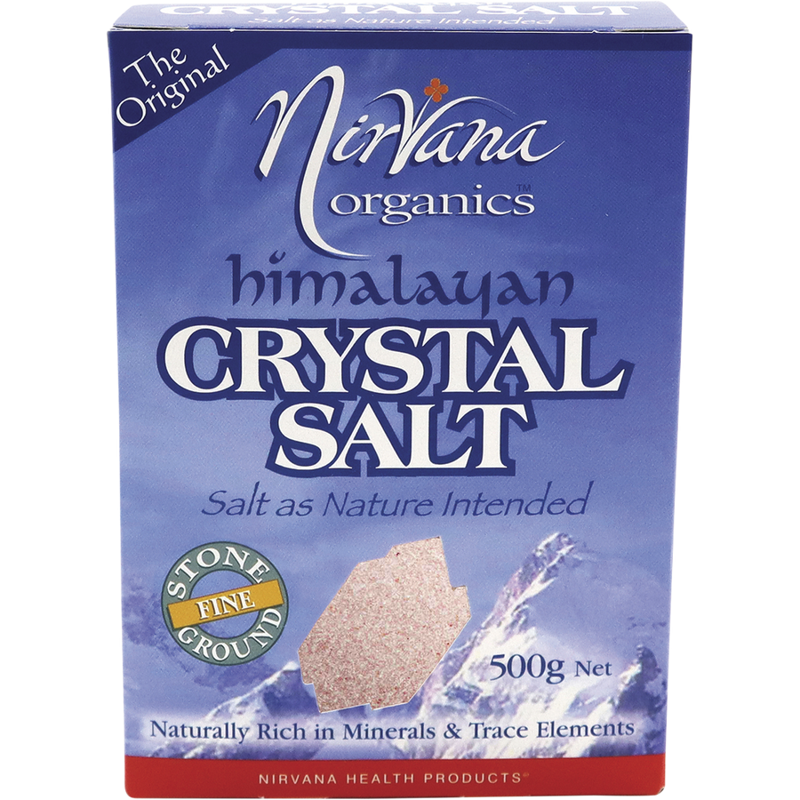 Nirvana Organics Himalayan Salt fine grains in a clear bag
