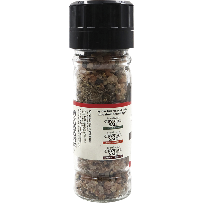 Himalayan salt and pepper glass grinder by Nirvana Organics on kitchen counter