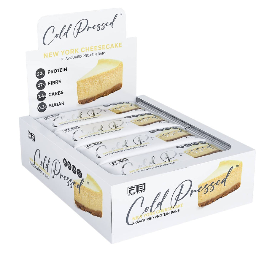 Box of Cold Pressed protein bars on a white background