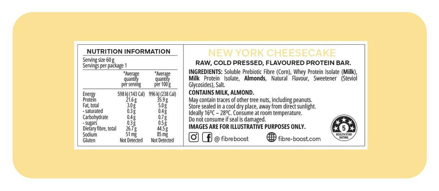 Nutrition label and ingredients list on a protein bar package with a yellow background.