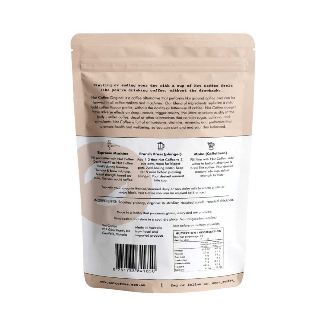 Not Coffee Ground Coffee Alternative Original 200g brewed in a cup, showcasing smooth, rich coffee substitute drink.