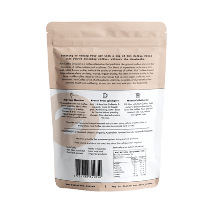 Not Coffee Ground Coffee Alternative Original 200g brewed in a cup, showcasing smooth, rich coffee substitute drink.