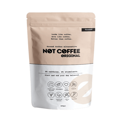 Not Coffee Ground Coffee Alternative Original 200g pack showing natural roasted ingredients and product branding.