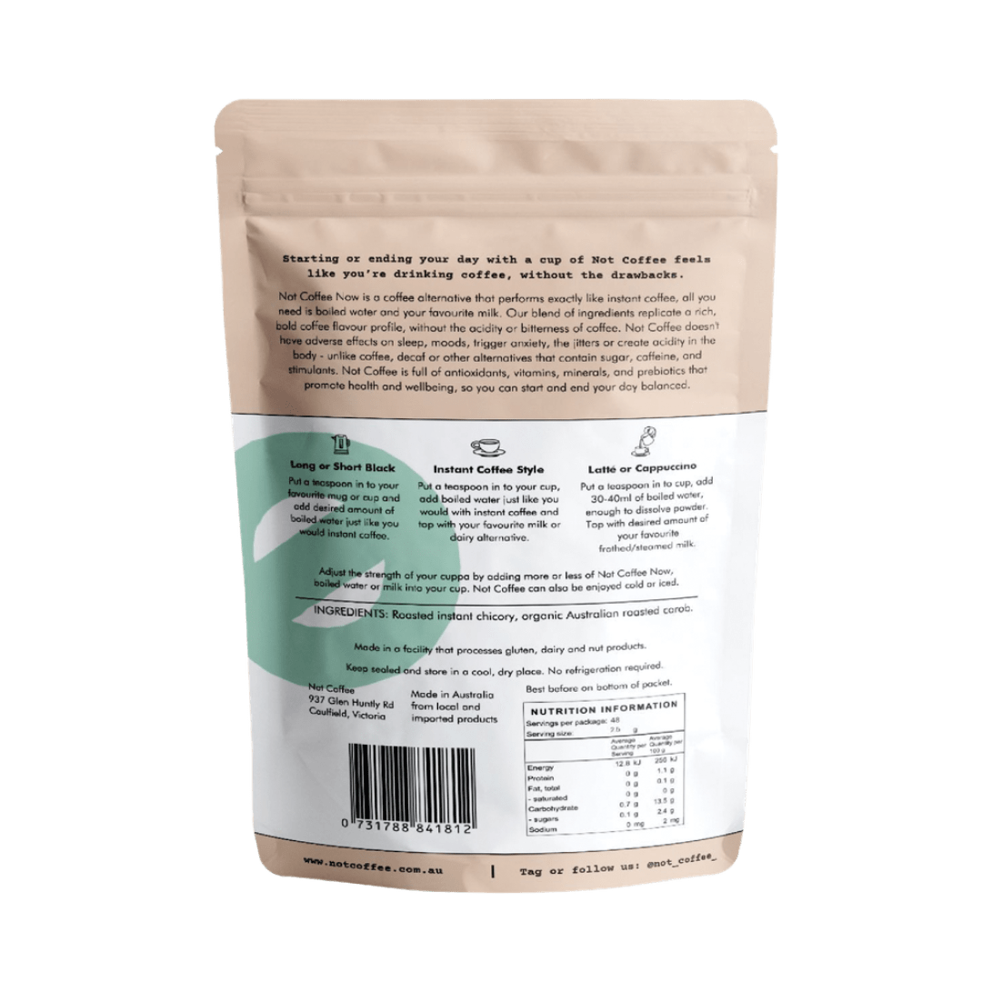 Not Coffee Instant Coffee Alternative 120g mixed in a mug, displaying a warm, creamy drink.