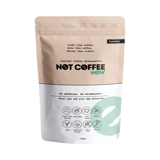 Not Coffee Instant Coffee Alternative 120g jar with chicory root and carob illustrations.