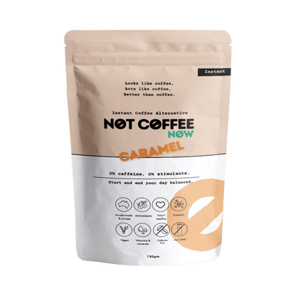 Not Coffee Instant Coffee Alternative Caramel 120g jar with caramel and roasted chicory illustrations on the label.