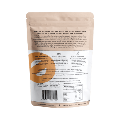 Not Coffee Instant Coffee Alternative Caramel 120g mixed in a cup, showing creamy caramel coffee alternative drink.