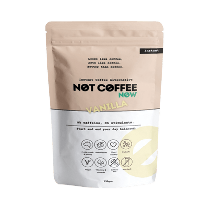 Not Coffee Instant Coffee Alternative Vanilla 120g jar with vanilla and roasted chicory illustrations on label.