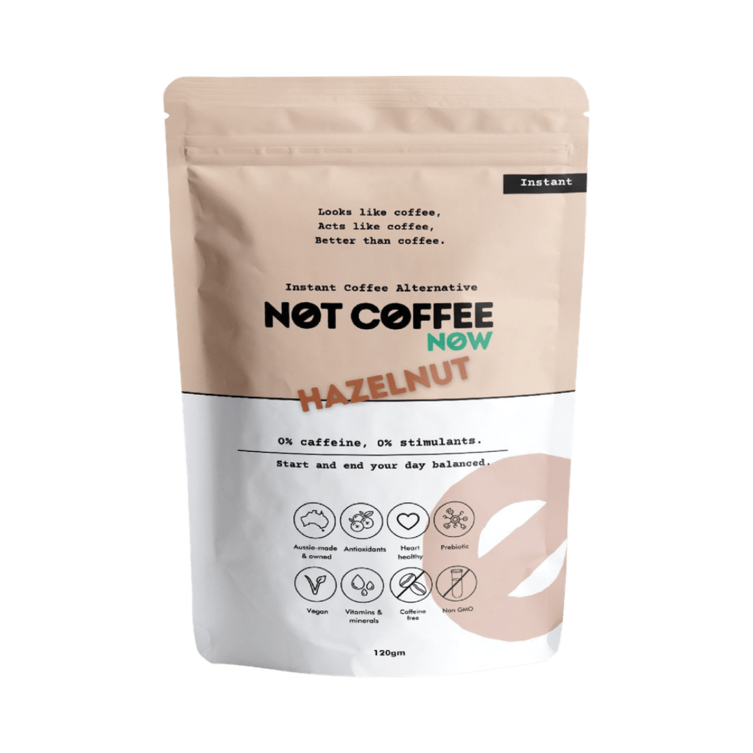 Not Coffee Instant Coffee Alternative Hazelnut 120g jar with hazelnut and roasted chicory illustrations on label.