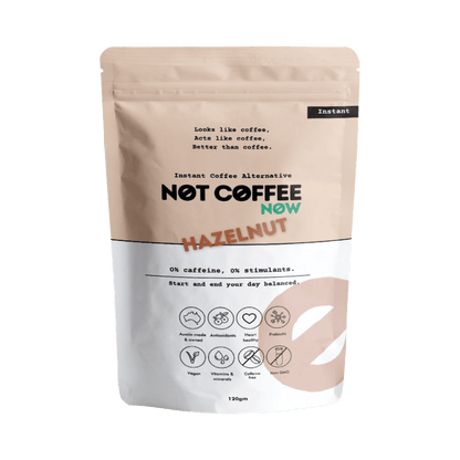 Not Coffee Instant Coffee Alternative Hazelnut 120g jar with hazelnut and roasted chicory illustrations on label.