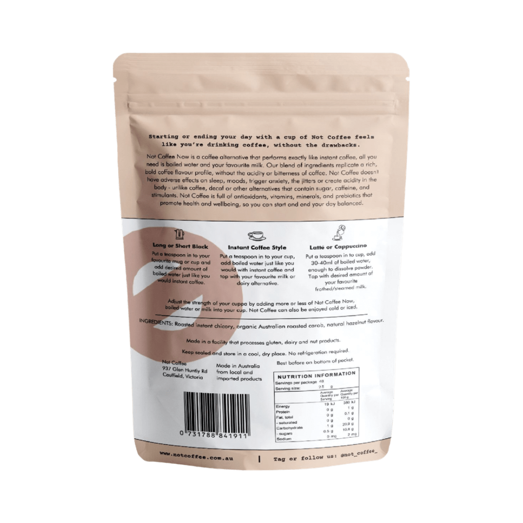 Not Coffee Instant Coffee Alternative Hazelnut 120g prepared in a cup, showing creamy hazelnut coffee substitute drink.