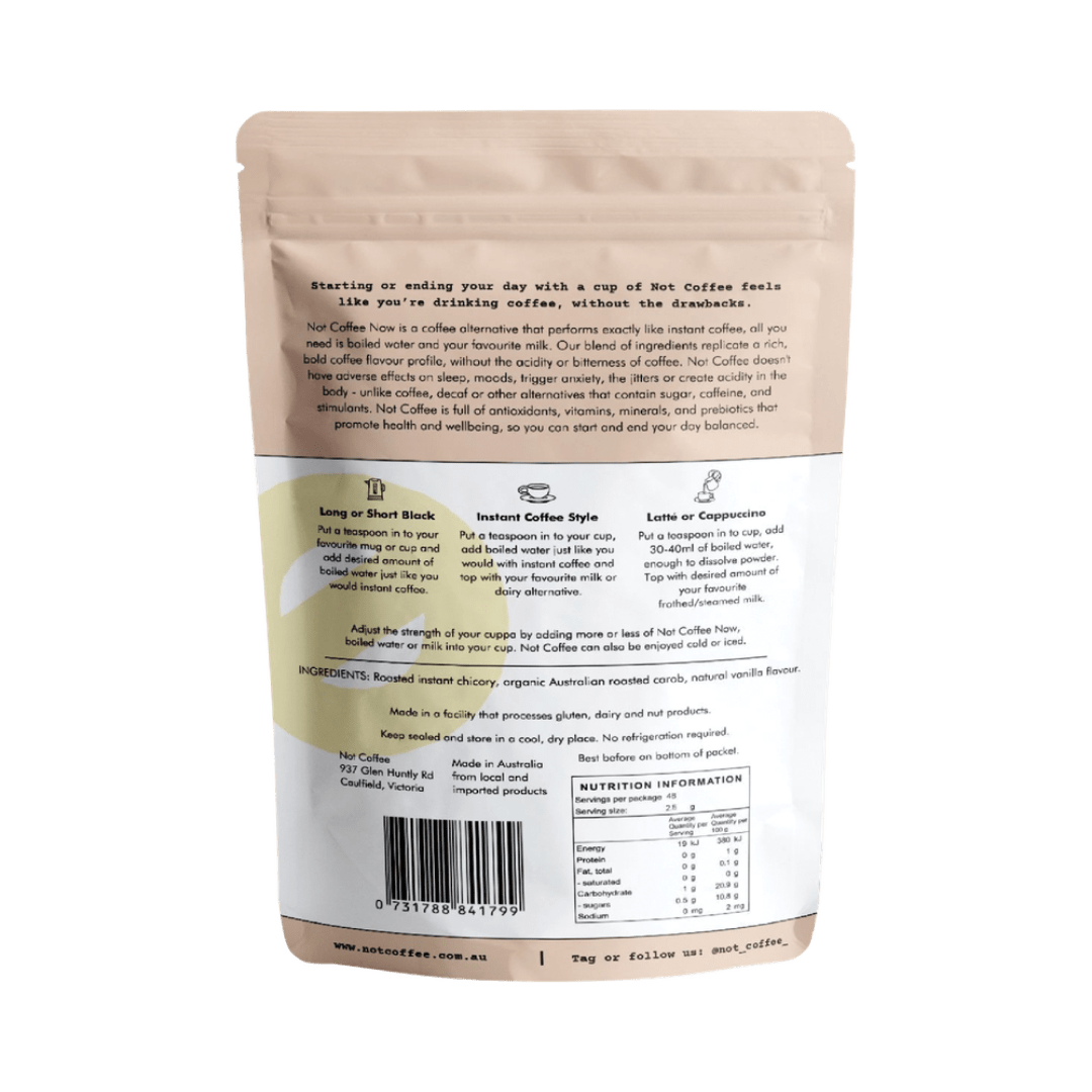 Not Coffee Instant Coffee Alternative Vanilla 120g prepared in a cup, showing creamy vanilla coffee substitute drink.