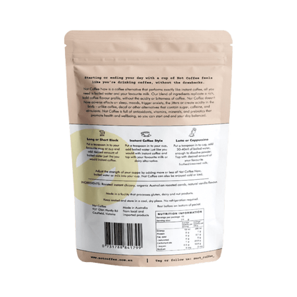 Not Coffee Instant Coffee Alternative Vanilla 120g prepared in a cup, showing creamy vanilla coffee substitute drink.
