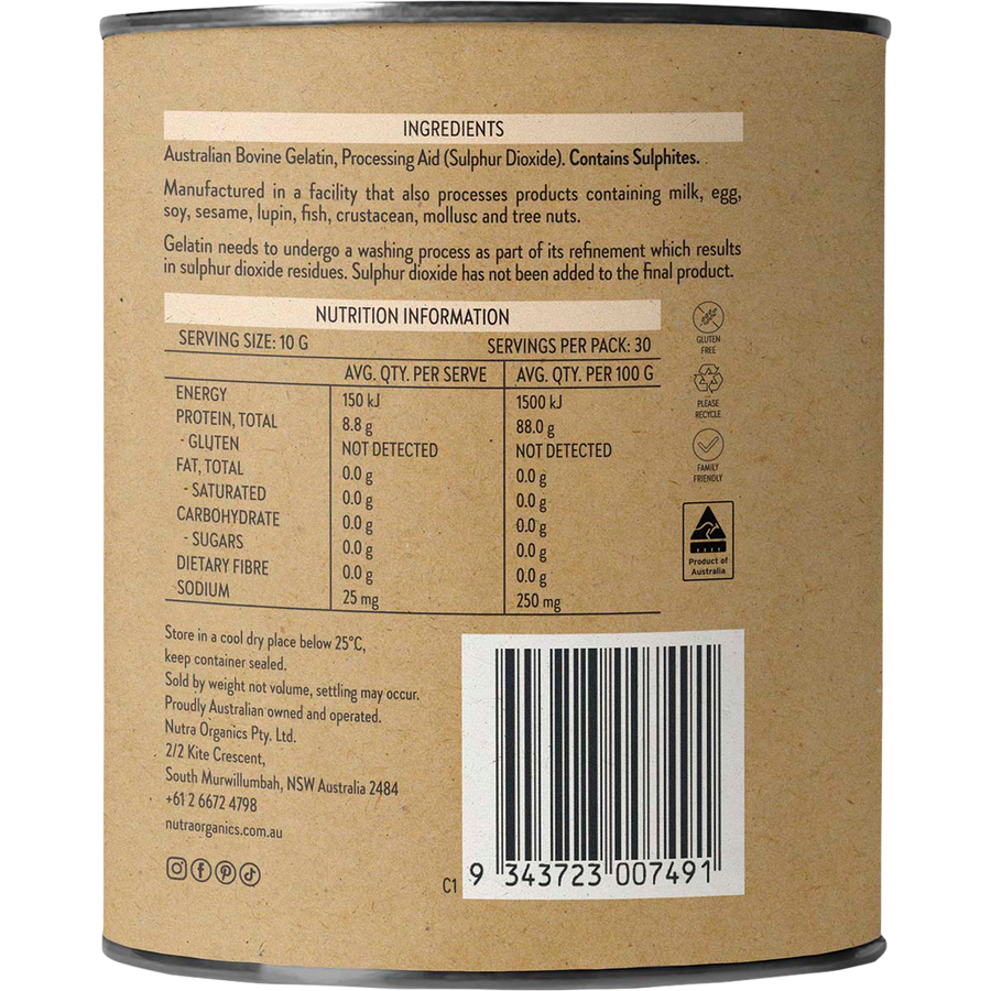 Nutra Organics Australian Gelatin powder used for cooking and baking