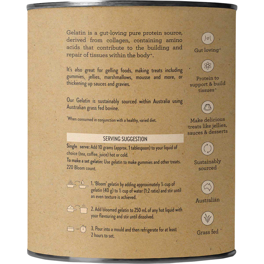 Nutra Organics Australian Gelatin powder jar packaging