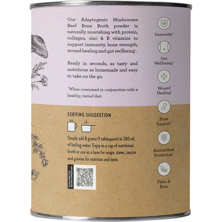 Nutra Organics Beef Bone Broth Adaptogenic Mushrooms broth powder jar packaging