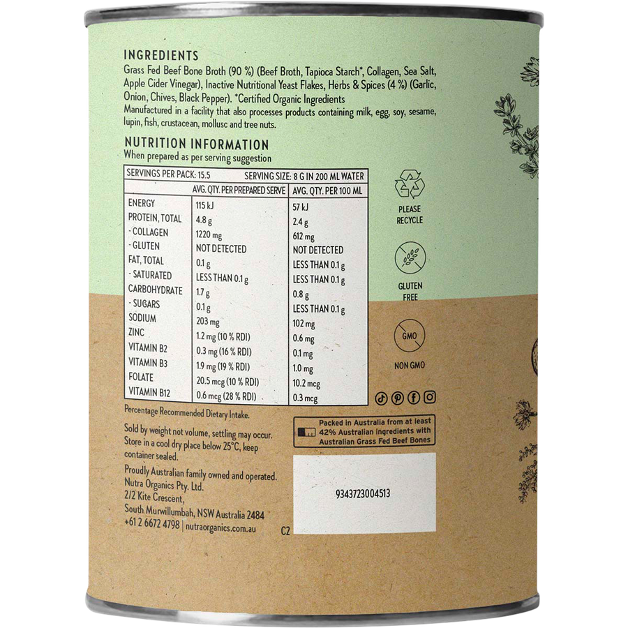 Nutra Organics Beef Bone Broth Garden Herb warm bone broth drink