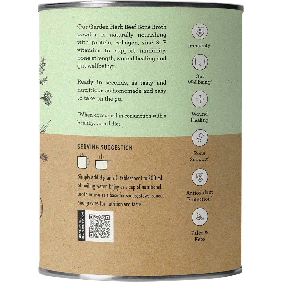 Nutra Organics Beef Bone Broth Garden Herb bone broth powder jar packaging