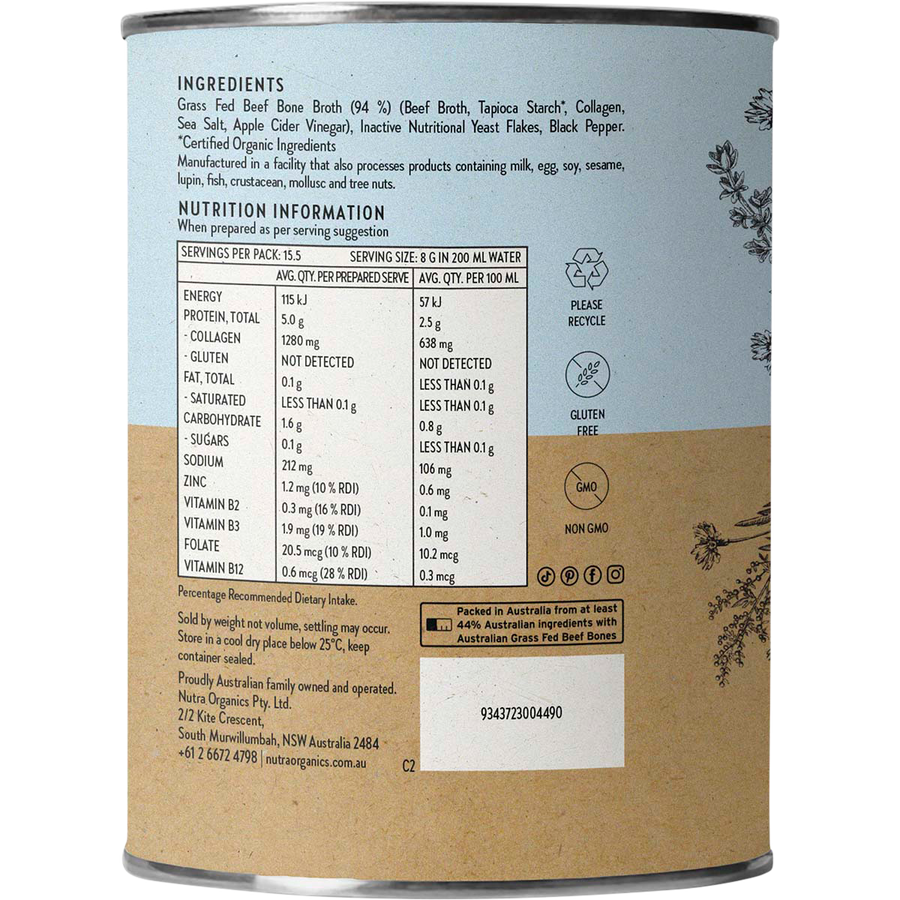 Nutra Organics Beef Bone Broth Hearty Original warm bone broth drink