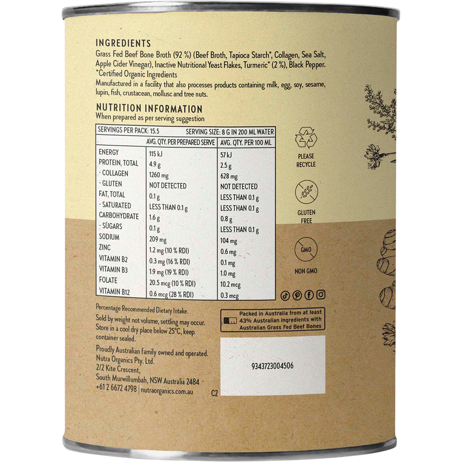 Nutra Organics Beef Bone Broth Turmeric warm bone broth drink