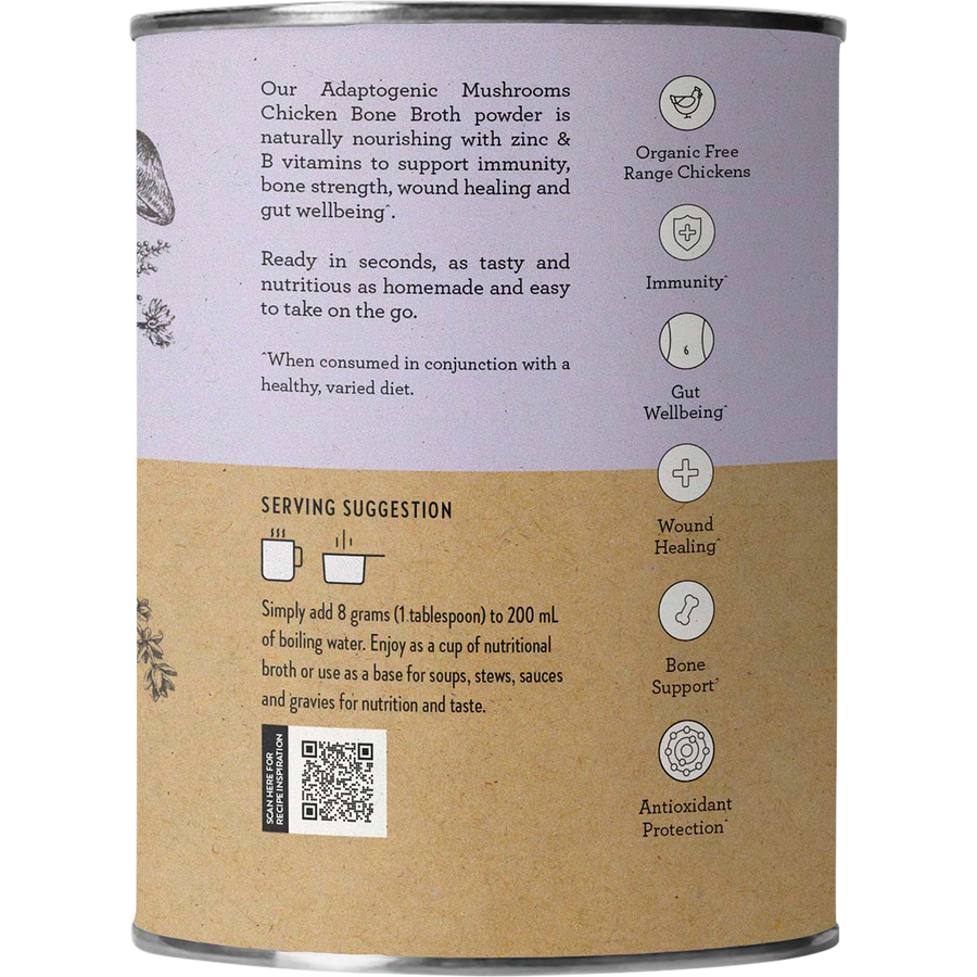 Nutra Organics Chicken Bone Broth Adaptogenic Mushrooms broth powder jar packaging