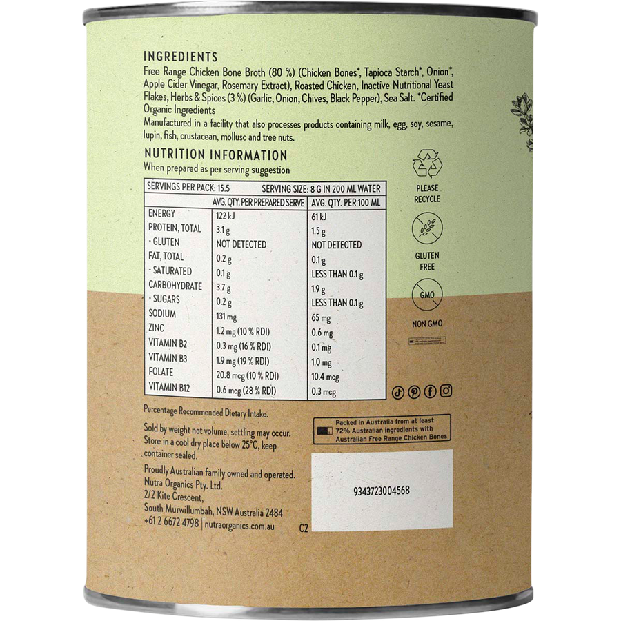Nutra Organics Chicken Bone Broth Garden Herb warm bone broth drink