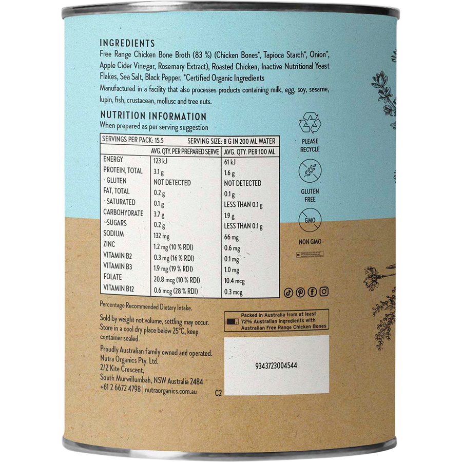 Nutra Organics Chicken Bone Broth Homestyle Original warm bone broth drink