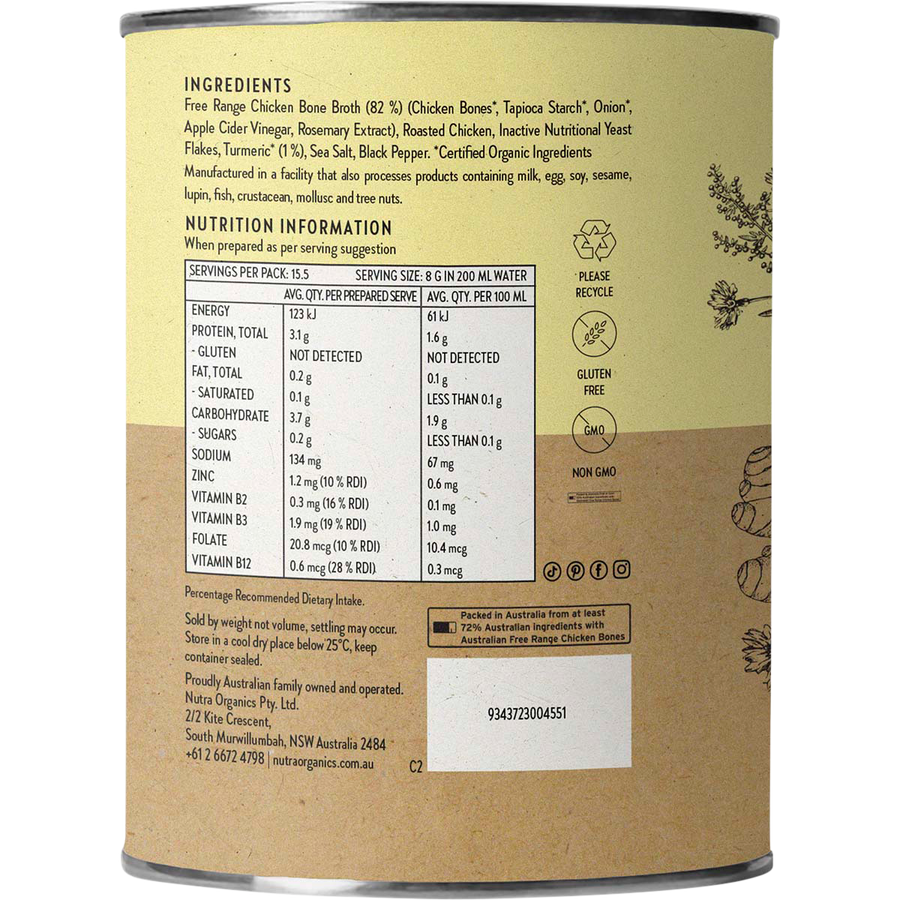 Nutra Organics Chicken Bone Broth Turmeric warm bone broth drink