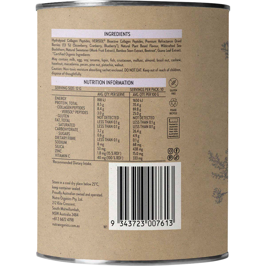 Nutra Organics Collagen Beauty Mixed Berry collagen powder mixed drink