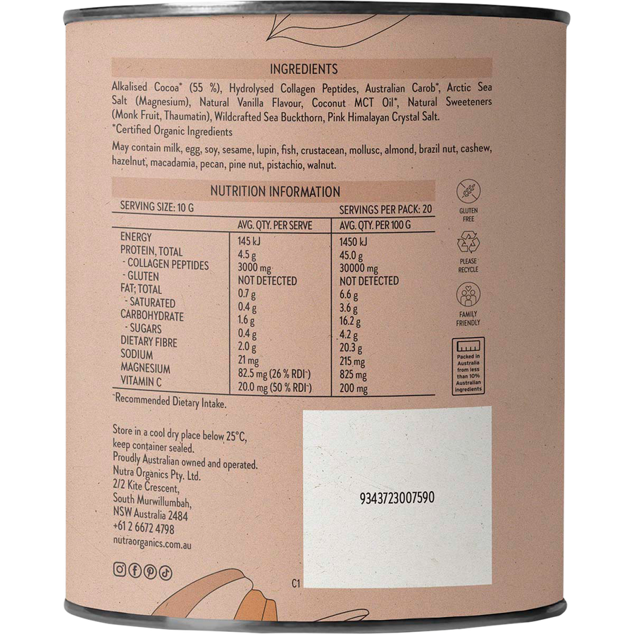 Nutra Organics Collagen Hot Chocolate warm collagen cacao drink