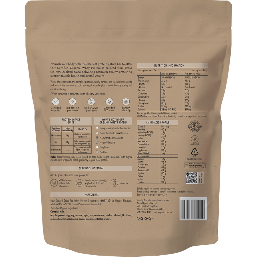 Nutra Organics Organic Whey Protein Chocolate protein powder jar packaging