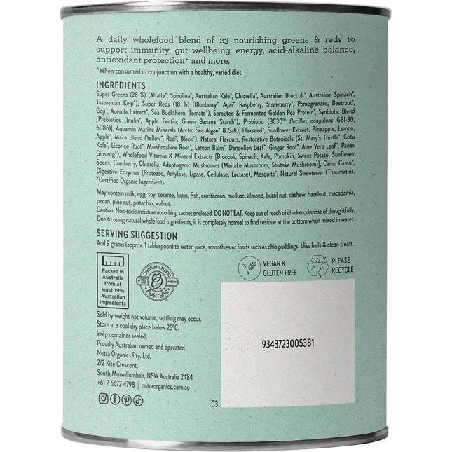 Nutra Organics Super Greens and Reds superfood powder jar packaging