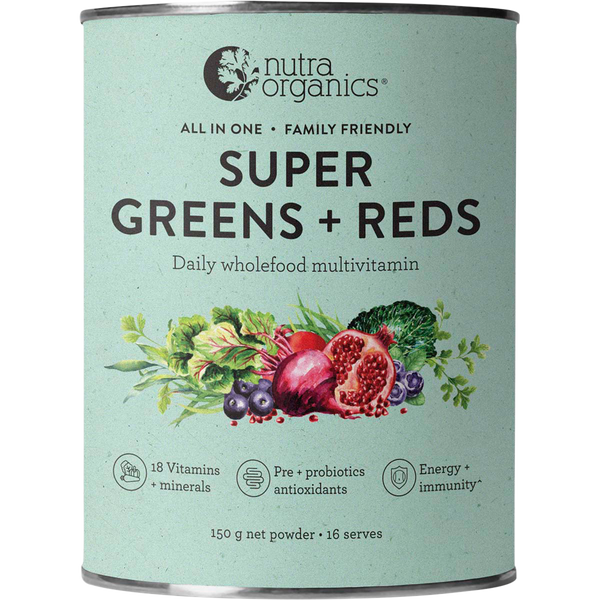 Nutra Organics Super Greens and Reds superfood powder for daily nutrition