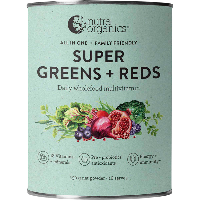 Nutra Organics Super Greens and Reds superfood powder for daily nutrition
