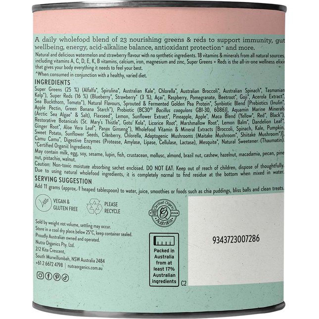 Nutra Organics Super Greens and Reds Watermelon Strawberry powder jar